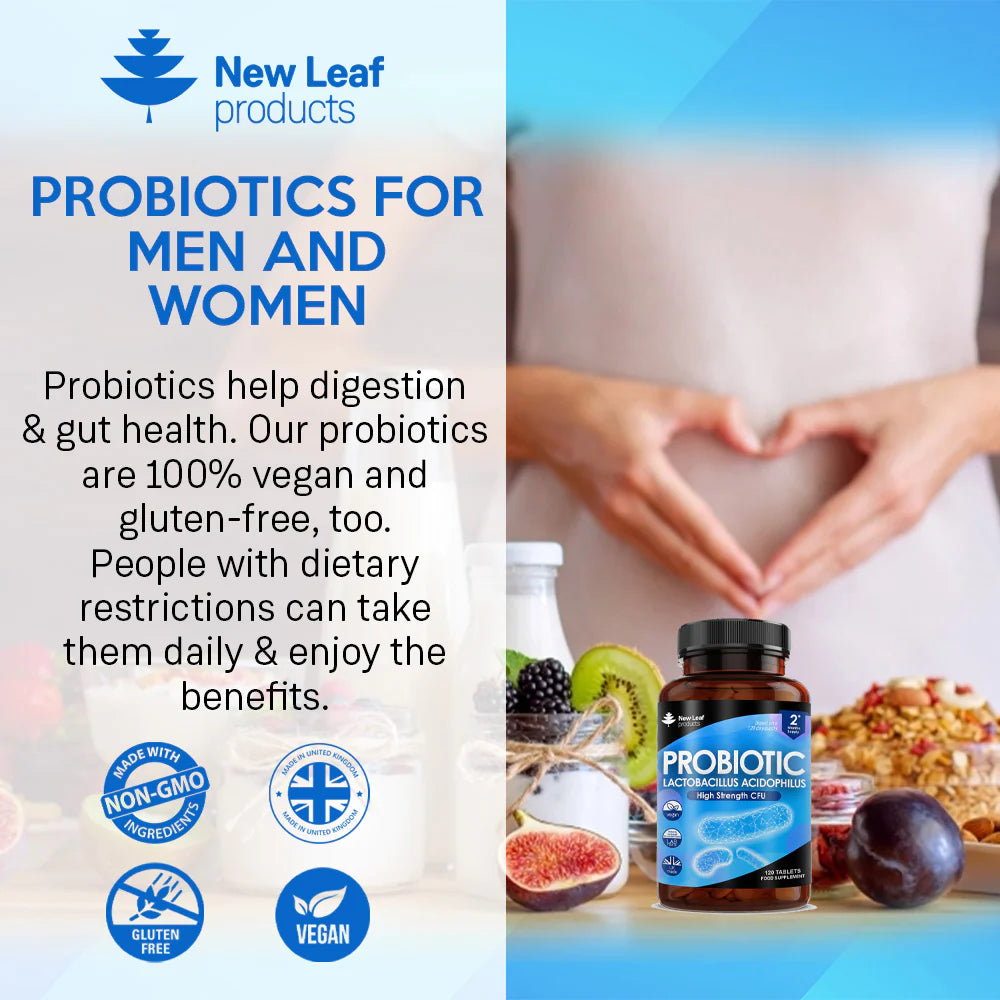 New Leaf Probiotic supplement bottle with blue label on a white background