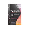 Packaging of SaltWTR Daily Electrolyte Drink in a Variety Pack showing different flavors and their benefits such as Sports Recovery, Gut Support, Immune Support, and Clean Energy.