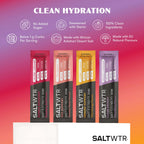  SaltWTR Daily Electrolyte Drink in Raspberry, Summer Peach, Wild Orange and Mixed Berry flavor, marketed for sports recovery.