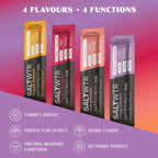  SaltWTR Daily Electrolyte Drink in Raspberry, Summer Peach, Wild Orange and Mixed Berry flavor, marketed for sports recovery.