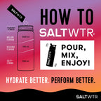  SaltWTR Daily Electrolyte Drink in Raspberry, Summer Peach, Wild Orange and Mixed Berry flavor, marketed for sports recovery.