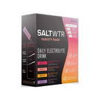 Packaging of SaltWTR Daily Electrolytes Salt Variety 20 Pack showing different flavors and benefits like Gut Health, Immune Support, Sports Recovery, Clean Energy.