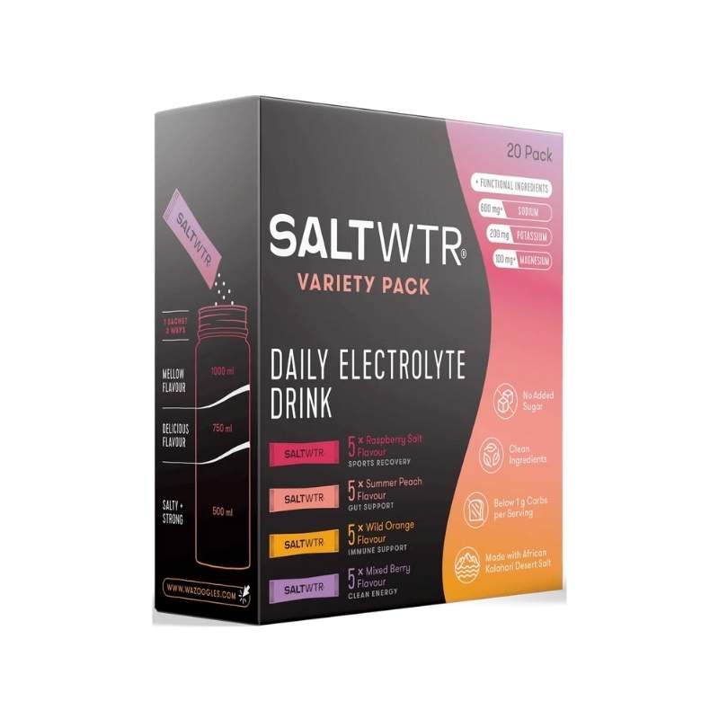 Packaging of SaltWTR Daily Electrolytes Salt Variety 20 Pack showing different flavors and benefits like Gut Health, Immune Support, Sports Recovery, Clean Energy.