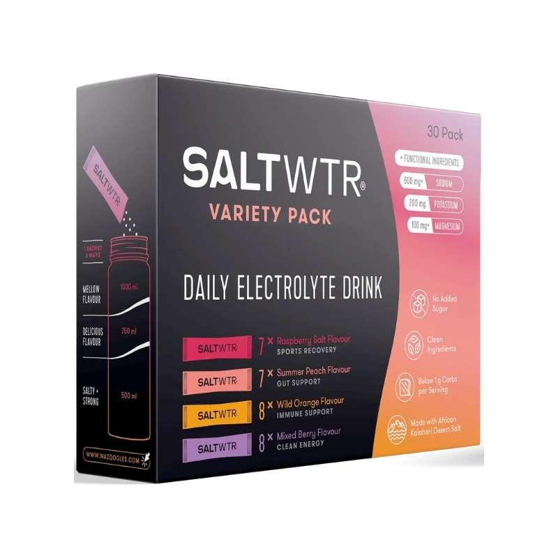 Packaging of SaltWTR Daily Electrolytes Salt Variety 30 Pack with four flavors: Raspberry Salt, Summer Peach, Wild Orange, and Mixed Berry.
