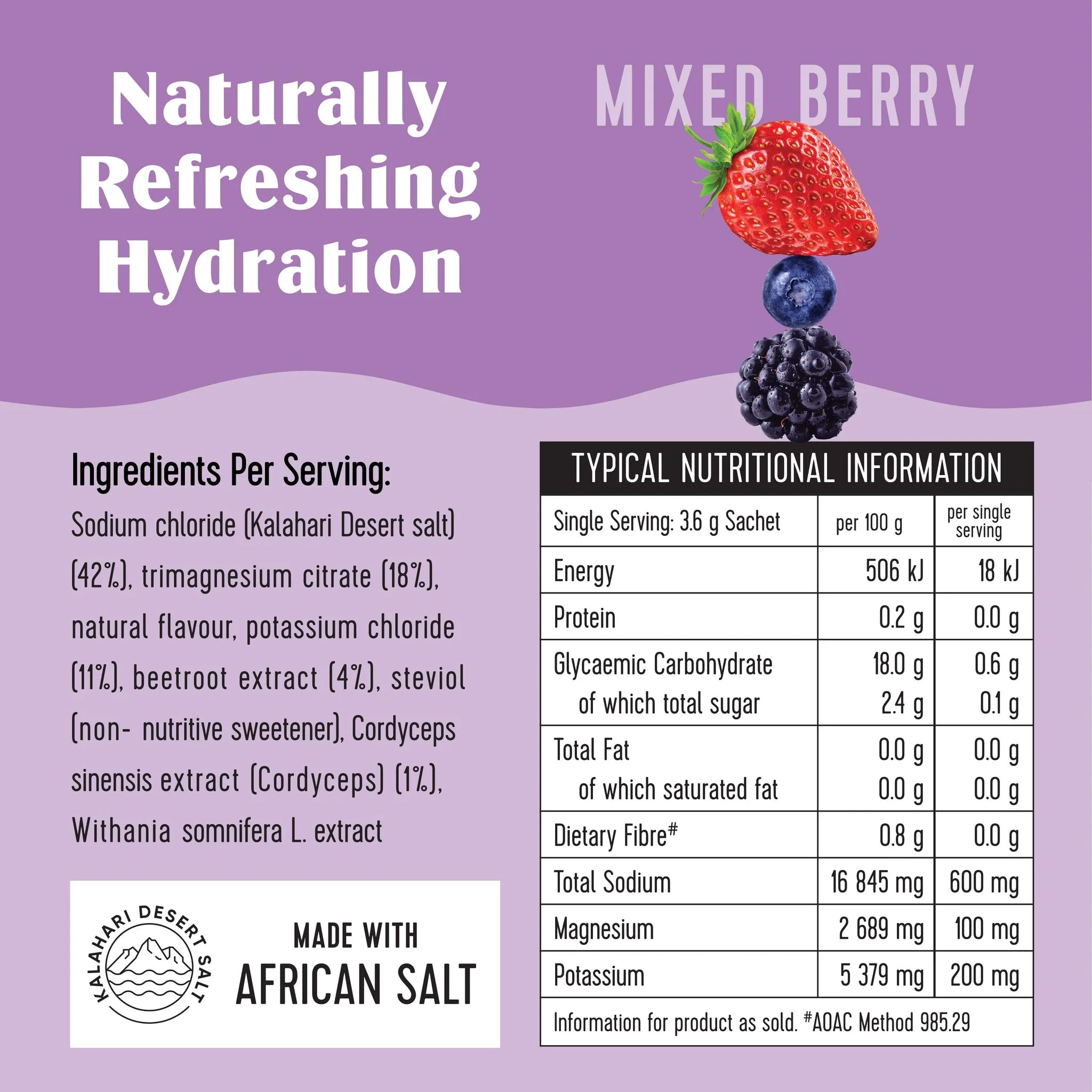 A package of SaltWTR Daily Electrolytes in Mixed Berry flavor with 8 servings, marketed as a clean energy drink. Nutritional Ingredients