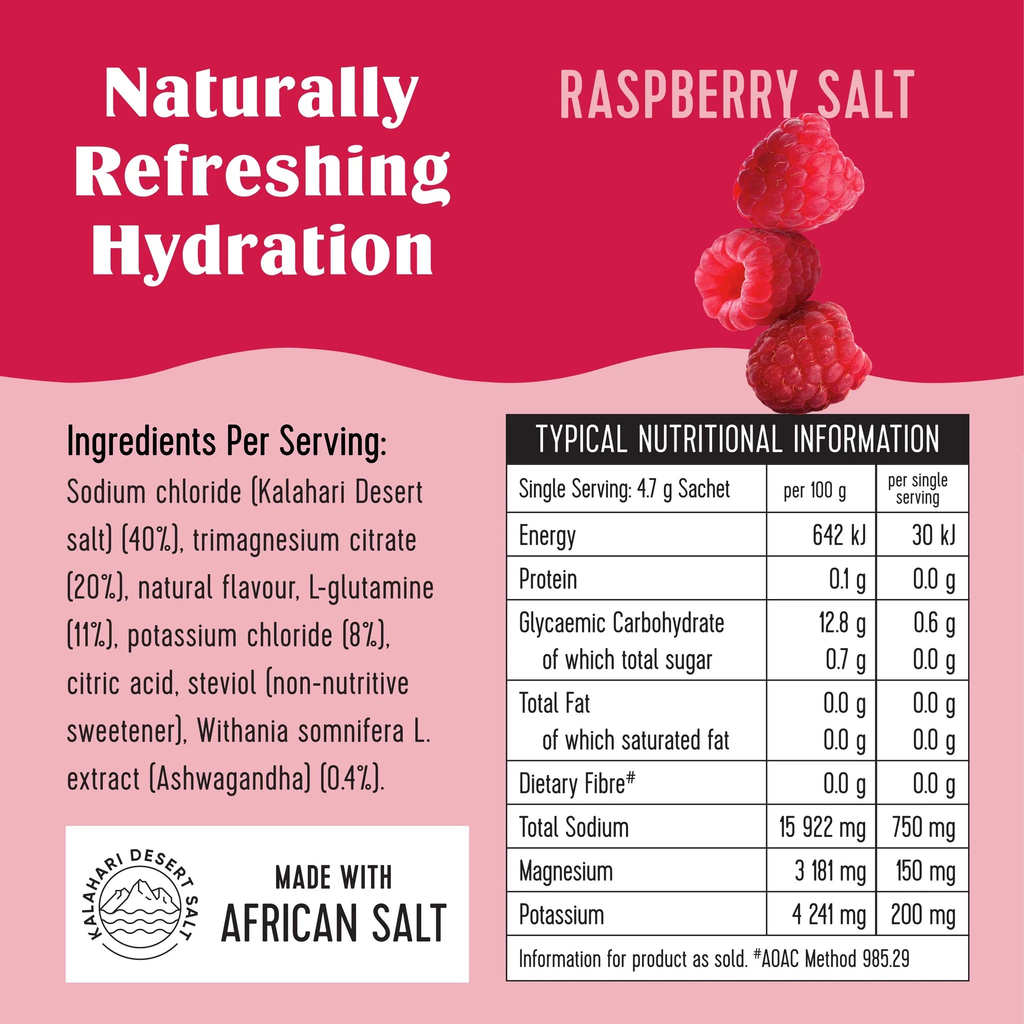 A 8-pack box of SaltWTR Daily Electrolyte  Salt Raspberry flavor, marketed for sports recovery, showing Nutritional Ingredients