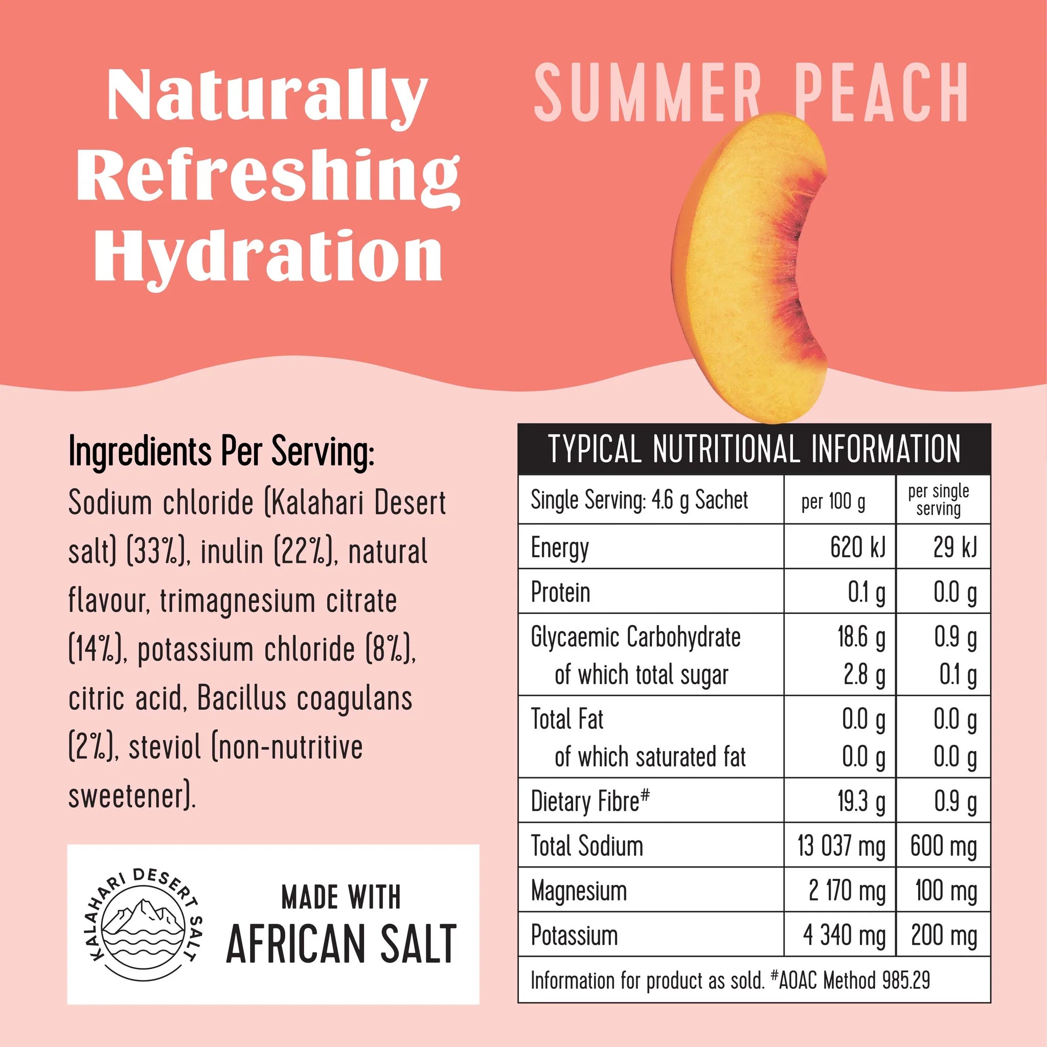 A 8-pack box of SaltWTR Daily Electrolyte  Salt Summer Peach flavor, marketed for sports recovery, showing Nutritional Ingredients
