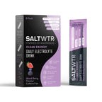 A package of SaltWTR Daily Electrolytes in Mixed Berry flavor with 8 servings, marketed as a clean energy drink.