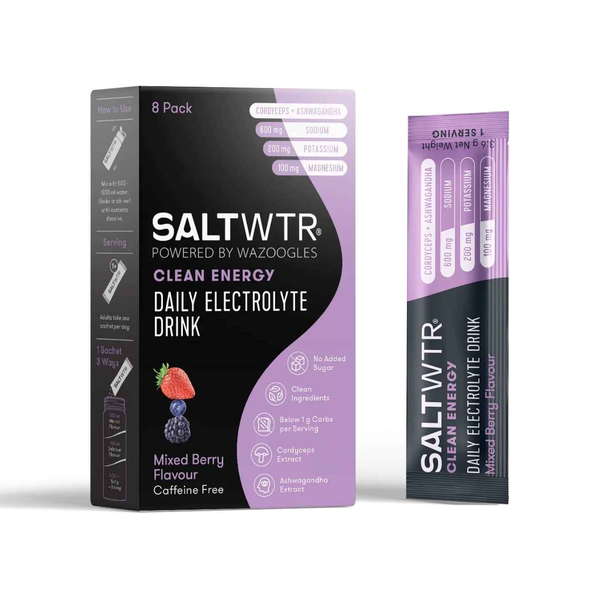A package of SaltWTR Daily Electrolytes in Mixed Berry flavor with 8 servings, marketed as a clean energy drink.