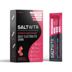 A 8-pack box of SaltWTR Daily Electrolyte Drink in Raspberry Salt flavor, marketed for sports recovery.