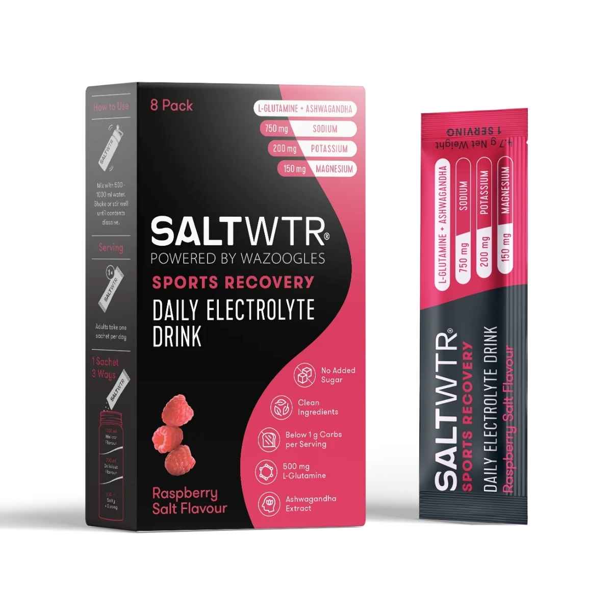 A 8-pack box of SaltWTR Daily Electrolyte Drink in Raspberry Salt flavor, marketed for sports recovery.