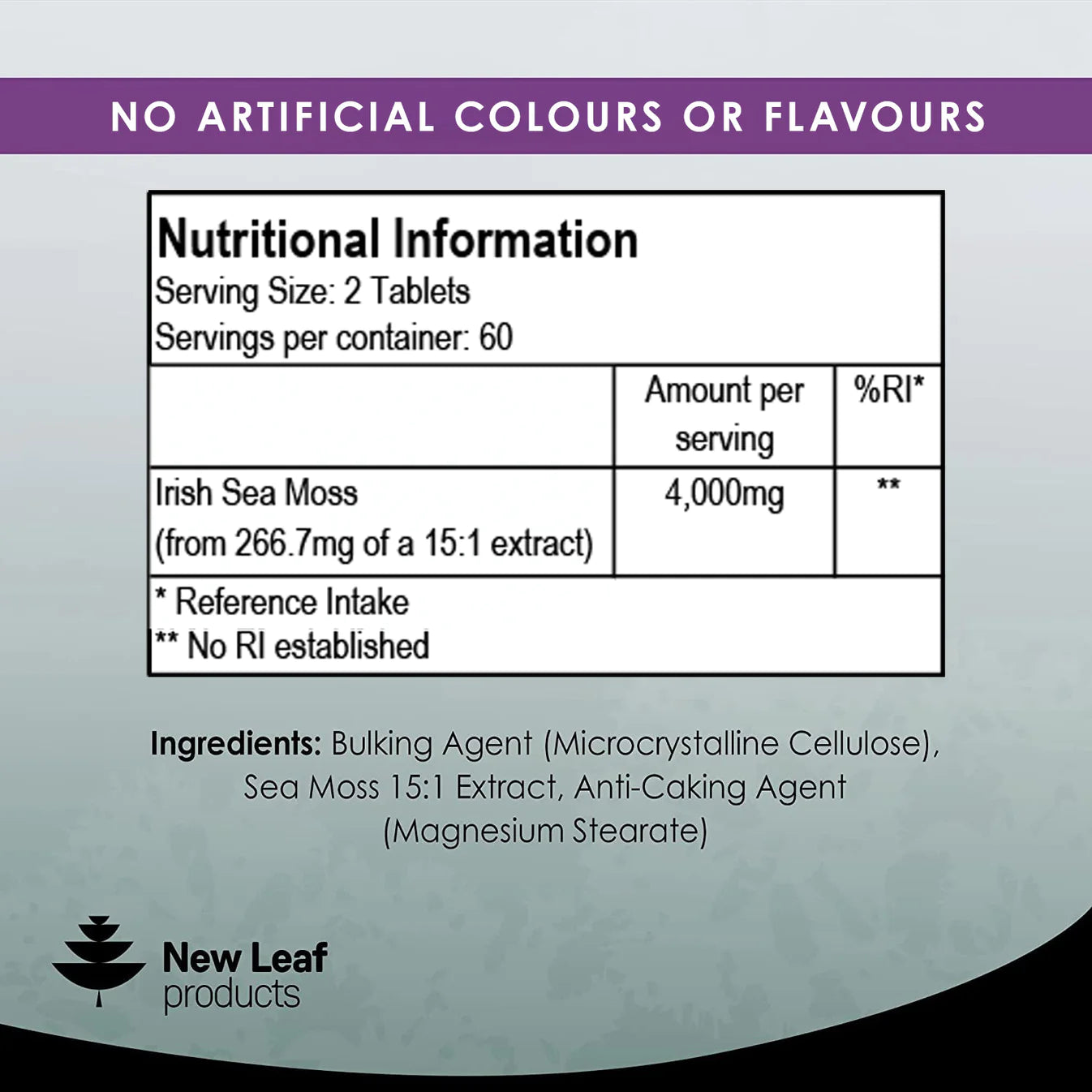 New Leaf Sea Moss 4000mg with 120 tablets nutritional information