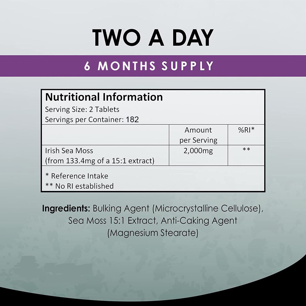 New Leaf Sea Moss 4000mg containing 365 tablets nutritional information