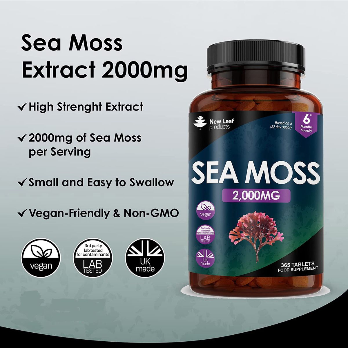 A bottle of New Leaf Sea Moss 4000mg containing 365 tablets, with a label showing the product name and an image of sea moss.