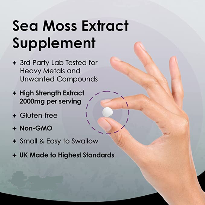 A bottle of New Leaf Sea Moss 4000mg containing 365 tablets, with a label showing the product name and an image of sea moss.