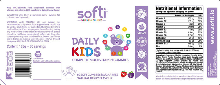 Nutritional ingredients and information of Softi Daily Kids Complete Multivitamin, 60 Halal Gummies, With 11 Vitamins and Minerals