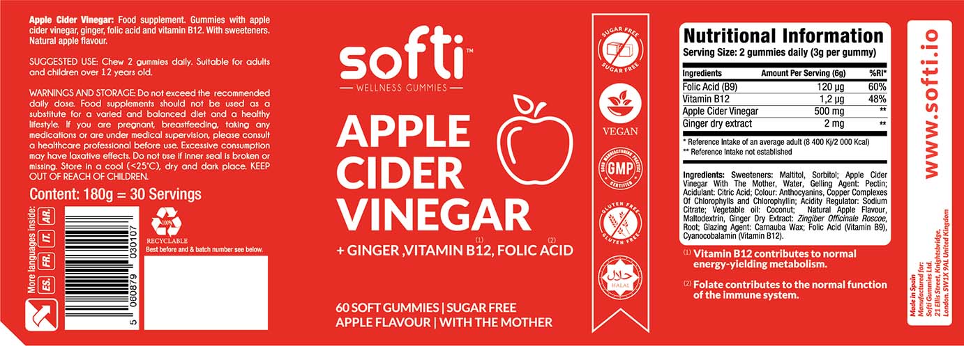 Nutritional ingredients of Softi Apple Cider Vinegar, 60 Soft Gummies, With Ginger, Vitamin B12 and Folic Acid