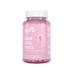 A bottle of Softi Hair Skin and Nails 60 Soft Halal Gummies, For Hair, Skin and Nail Health