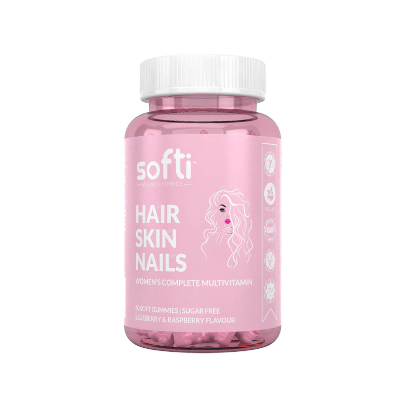 A bottle of Softi Hair Skin and Nails 60 Soft Halal Gummies, For Hair, Skin and Nail Health