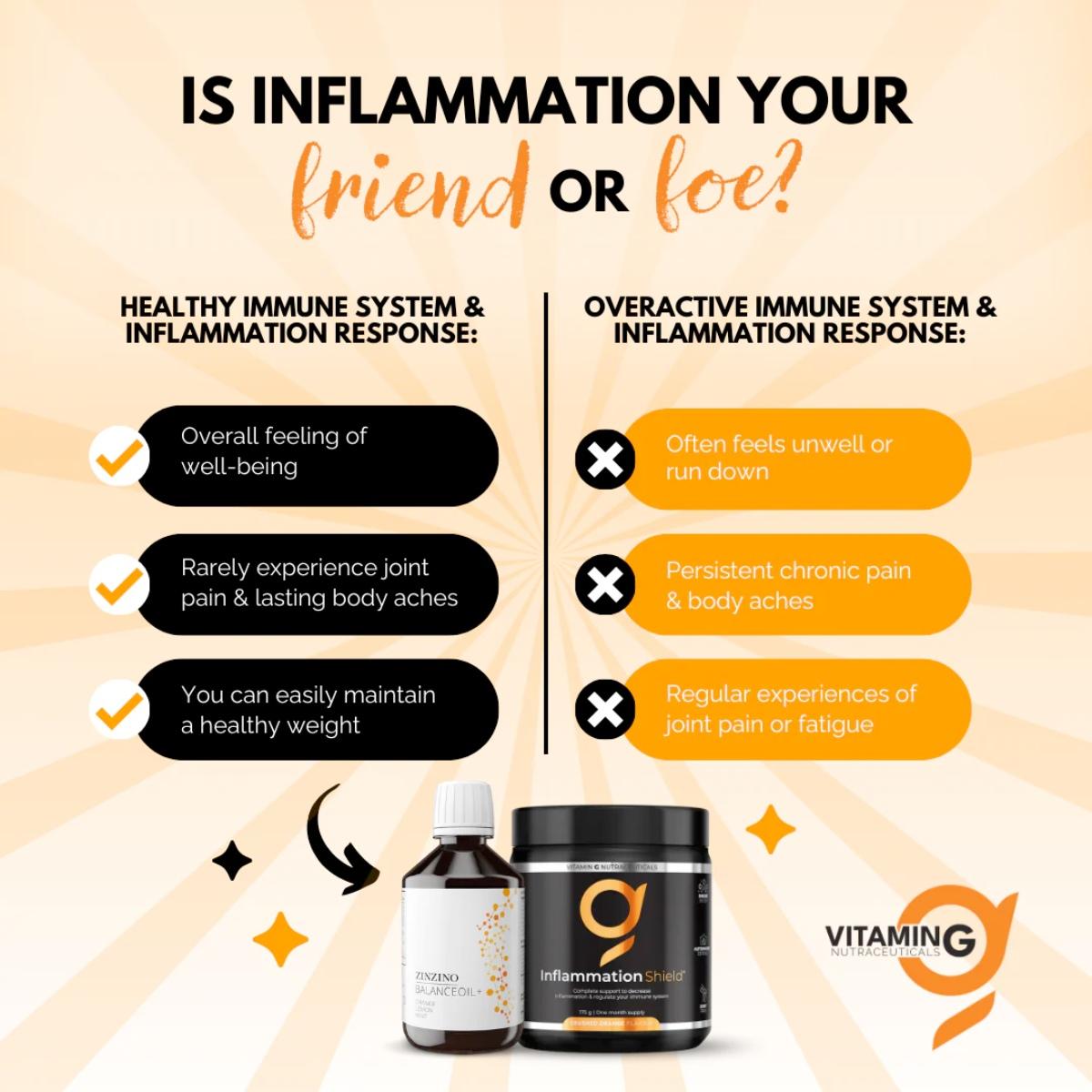 Vitamin G InflammationShield+ may support energy, immune balance, and comfort with a clean blend of vitamins, minerals, and botanicals.