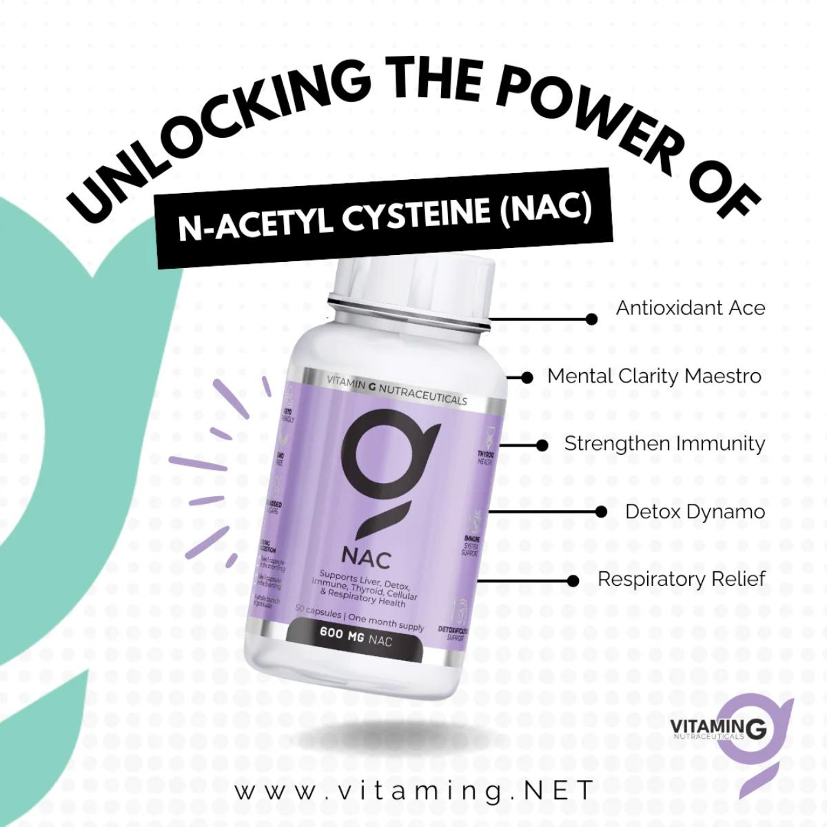 Vitamin G NAC 600mg may support antioxidant protection, immune health, and natural detox with clean, filler-free capsules.
