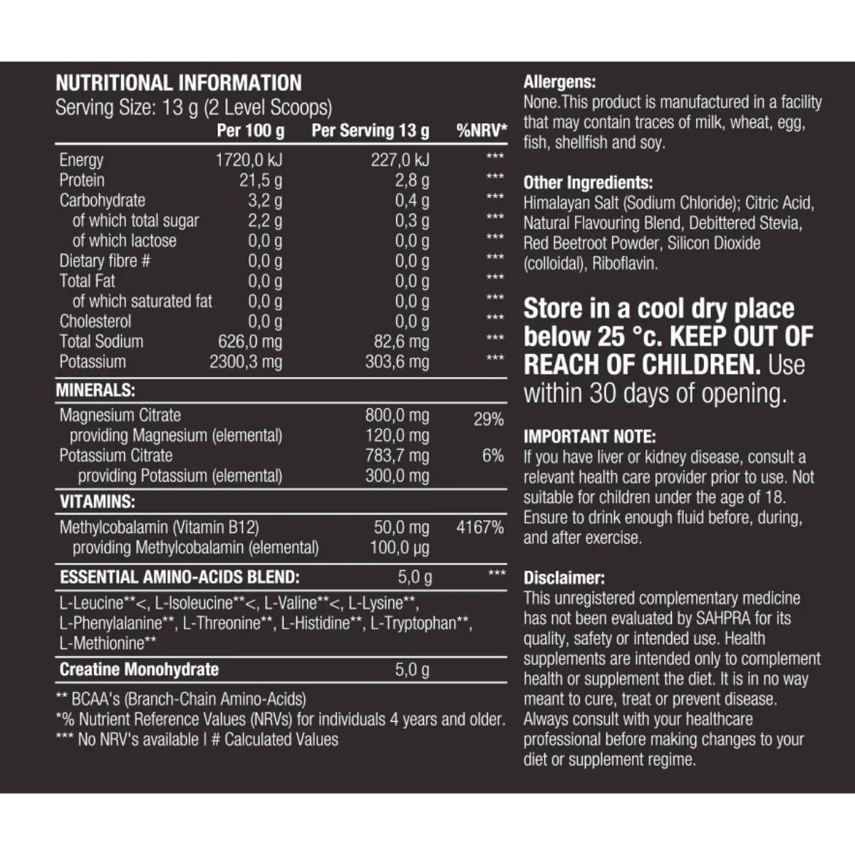 Vitamin G PerformanceShield 330g Nutritional Information