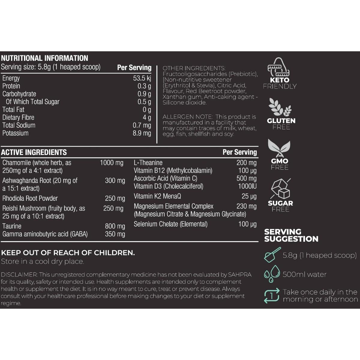 VitaminG StressShield Nutritonal Information