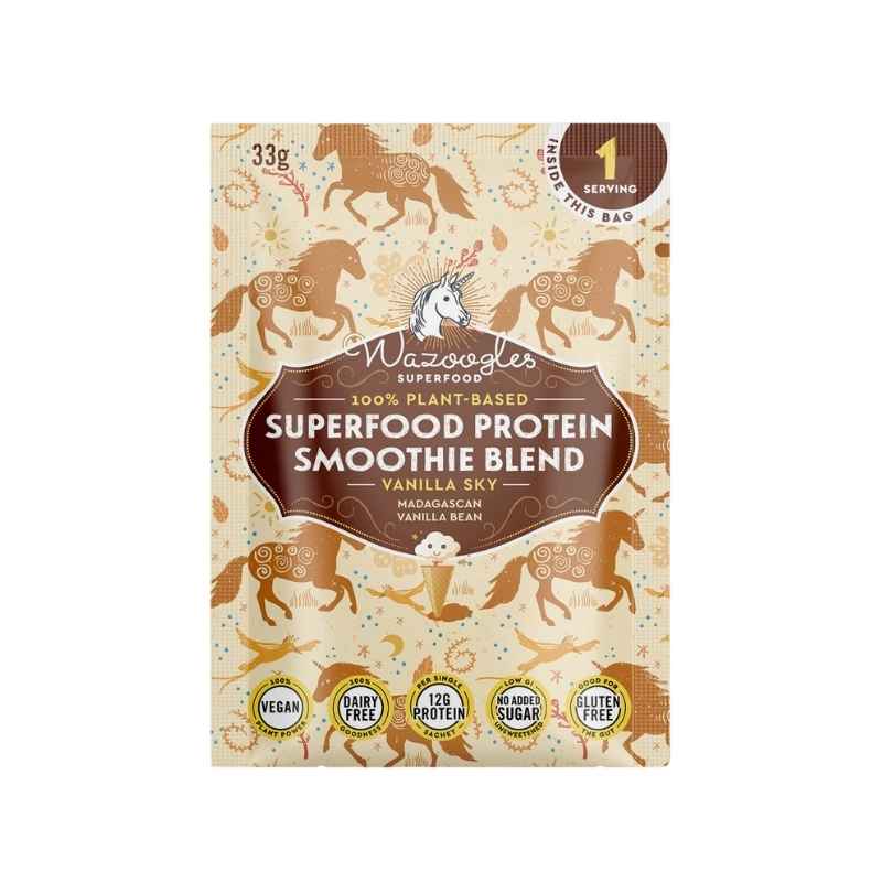 Package of Wazoogles Superfood Protein Smoothie Blend in Vanilla Sky flavor, indicating 33g serving size, suitable for vegans, sugar-free, preservative-free, and gluten-free.