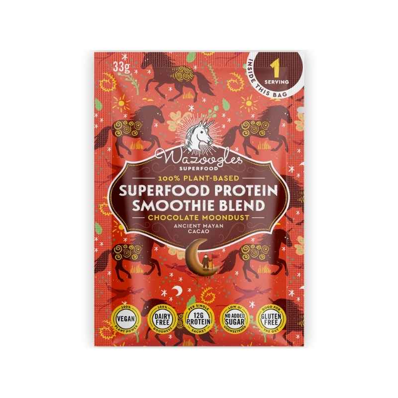 Packaging of Wazoogles Superfood Protein Smoothie Blend in Chocolate Moondust flavor, highlighting vegan, gluten-free, and non-GMO certifications.