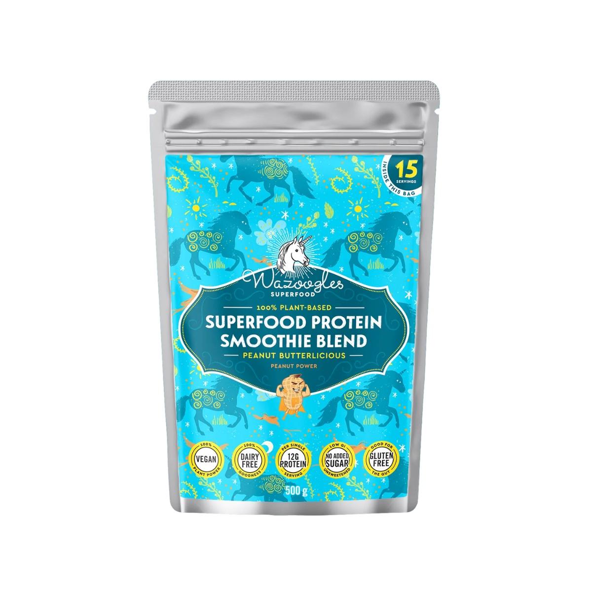 Wazoogles Superfood protein smoothie blend package with blue and silver design