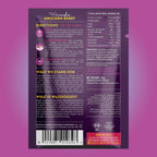 Back of a Wazoogles Unicorn Berry Protein Blend package with text and nutritional information on a purple background showing nutritional information
