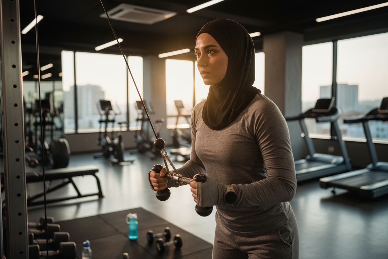 create me a picture of a muslim woman exercising in a gym sweating